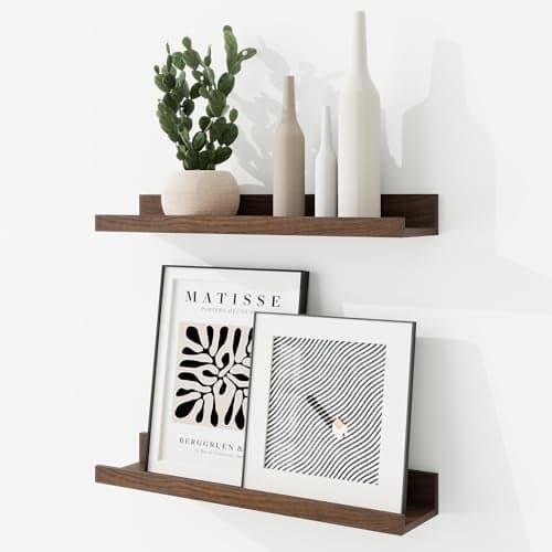 RICHFOCUS Picture Ledge Shelf, 16 inch Floating Shelves Set of 2, Wood Wall Shelves with Lip, Wall Decor Storage for Bedroom Living Room Bathroom Kitchen Nursery Photo Picture, Walnut