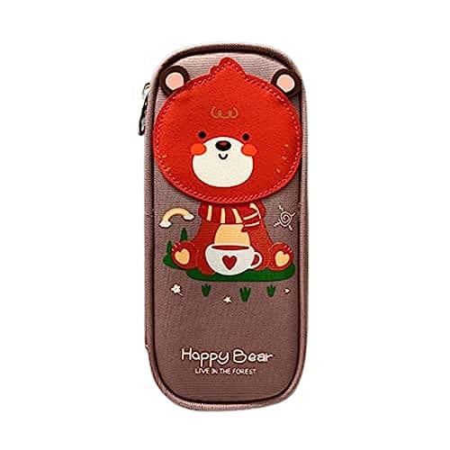 Shoppersduniya Pencil Pouches for Kids, Stylish Cartoon Pouch, Pencil Case for Girls and Boys, Stationary Organizer (Happy Bear - Grey)