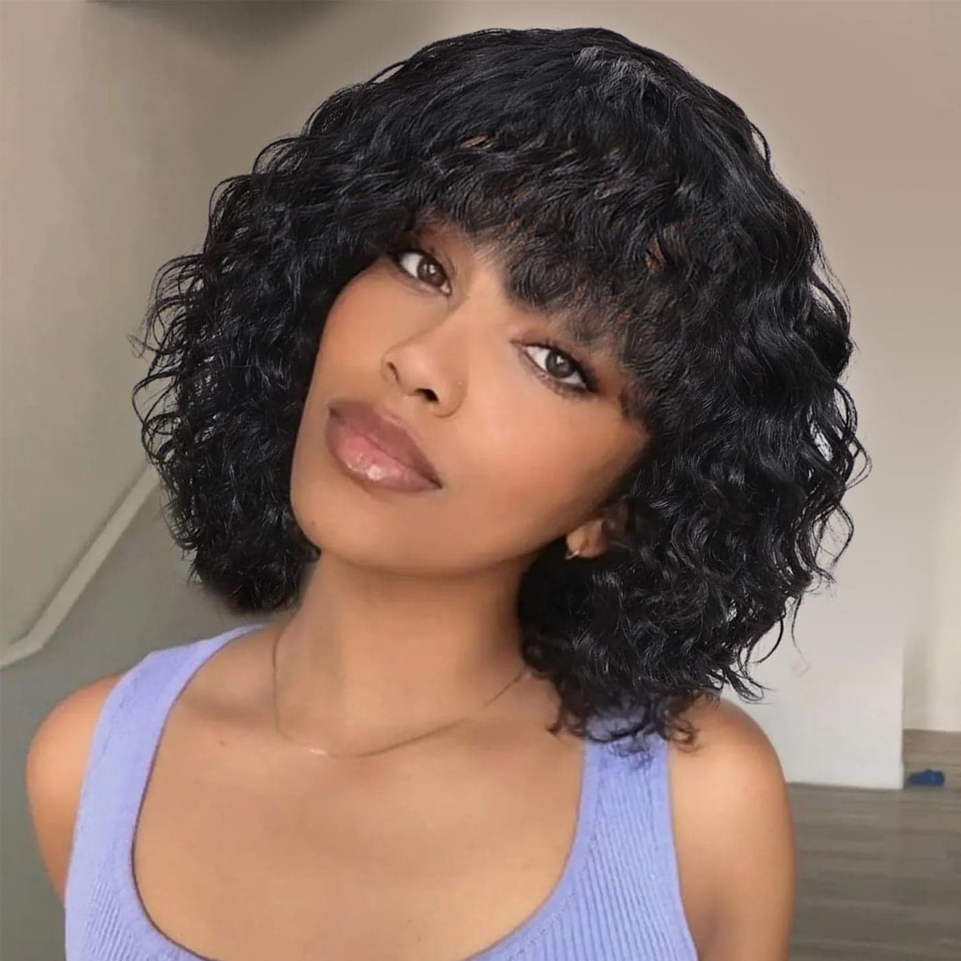 HUA Curly Wig With Bangs Human Hair for Black Women Glueless 12 Inch Water Deep Wave Bob Human Hair Wigs With Bangs for Black Women Short Curly Human Hair Wig With Bangs 180 Density