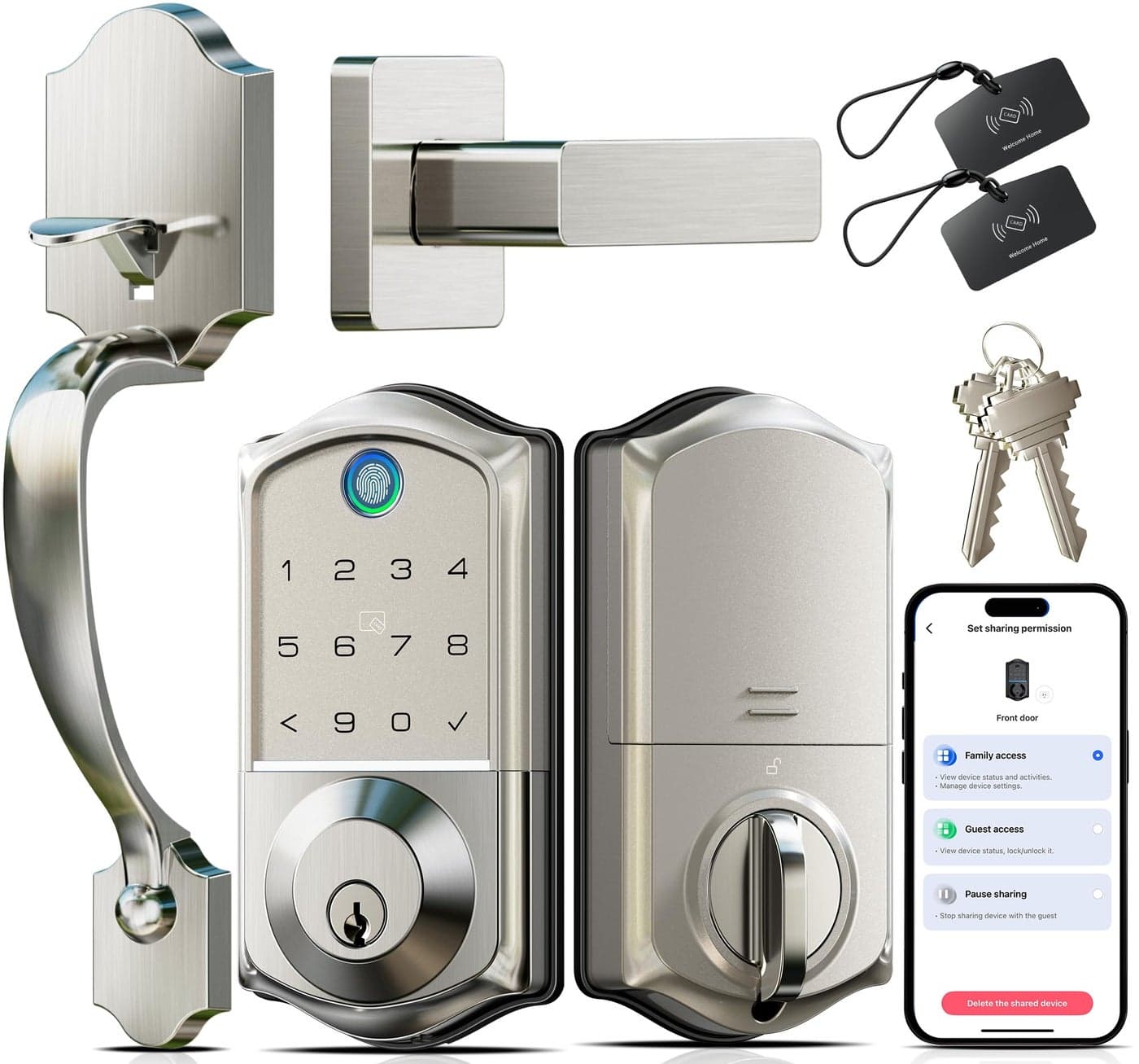 Veise VE017-H Fingerprint Smart Front Door Lock Set, App Control, Keyless Entry Deadbolt with Handle, Smart Deadbolt, Emergency Power Port, Touchscreen Keypad, Auto Lock, Easy Install, Satin Nickel