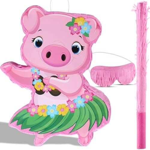 Threan Small Pig Piata Aloha Luau Party Decorations Pink Pig Piata with Blindfold Stick for Hawaii Summer Tiki Tropical Themed Birthday Party Supplies 165 x 124 x 31 Inch