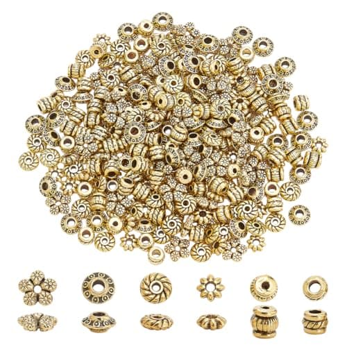 PH PandaHall 300pcs Tibetan Spacer Beads, 6 Style Antique Golden Spacers Alloy Metal Tube Beads Flower Flat Rondelle Small Loose Beads for Bracelet Necklace Earring Jewelry Making Supplies