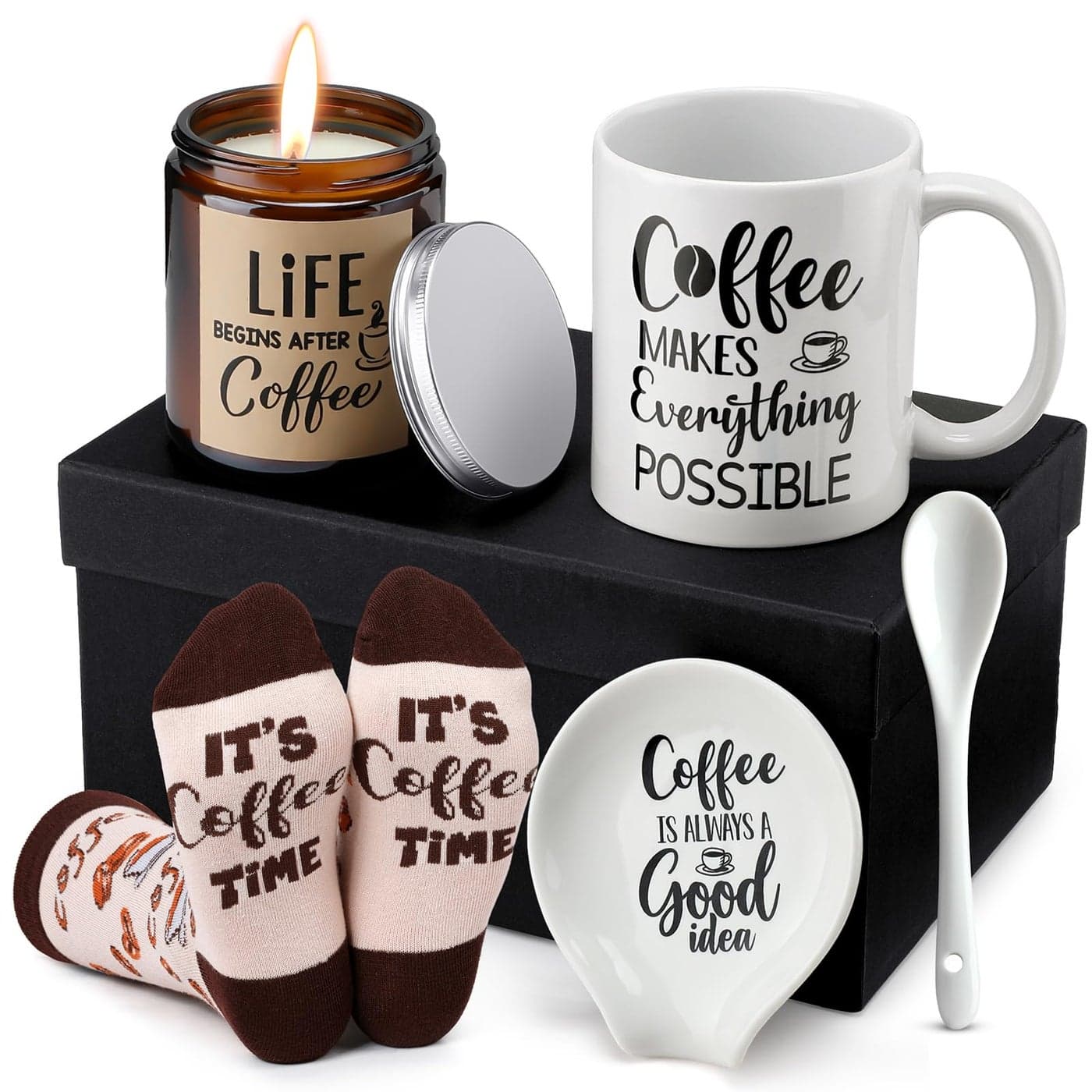 Vabean 5 Pieces Coffee Lover Gift Set Includes Coffee Mug and Spoon Rest Holder Coffee Themed Candle Coffee Socks Coffee Gift Box Gift Idea Coffee Gift Basket for Women Men