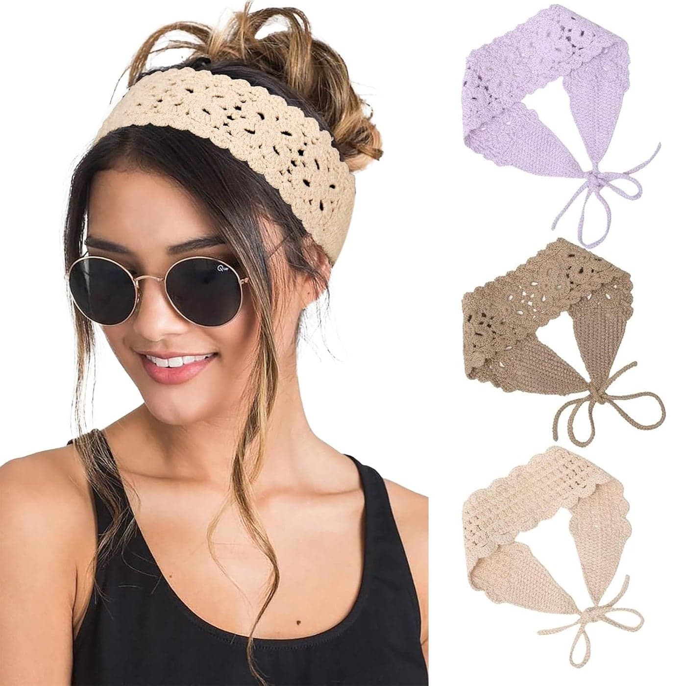 HAIMEIKANG Hippie Hair Bandanas Headbands for Women Boho Headband Knit Hair Bands Floral Head Wrap for Girlslight purplebeigekhaki