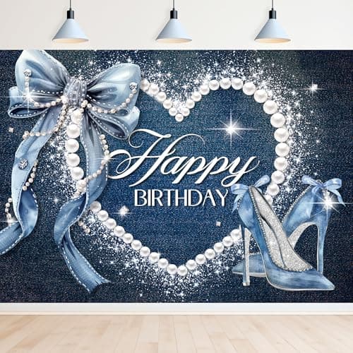 Newsely Denim and Diamonds Bow Backdrop 7Wx5H Photography Blue Coquette Happy Birthday for Women Girls Birthday Banner Background Silver High Heels Party Decorations Banner Photo Booth Props Supplies