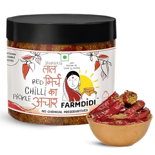 FarmDidi Stuffed Red Chilli Pickle 325g | Homemade Bharwa Lal Mirch Ka Achar with Spicy Flavor | Banarasi Style Pickle | Made With Mustard Oil | No Chemical Preservatives & No Garlic
