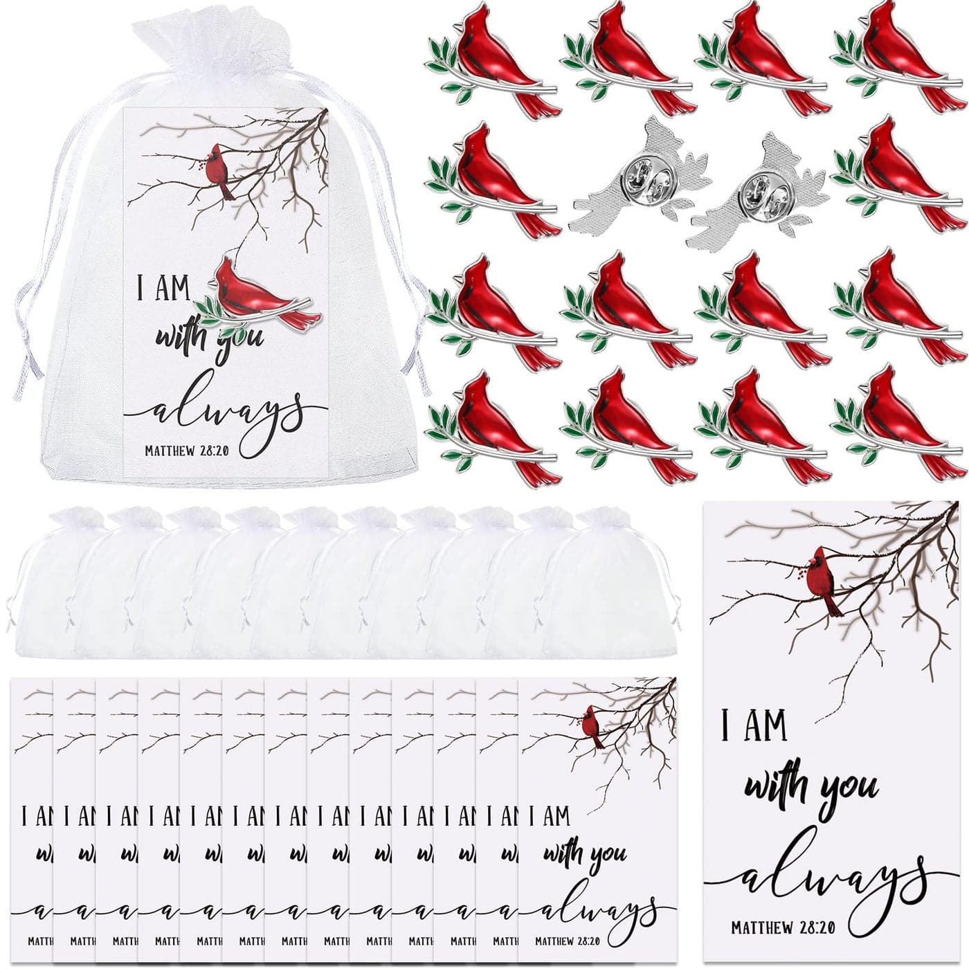 Geosar Set of 50 Memorial Cardinal Sign Pins Set Funeral Pocket Token Guardian Pocket Oil Dropped Cardinal Pins I Am with You Always Cards Organza Bags Religious PresentsClassic