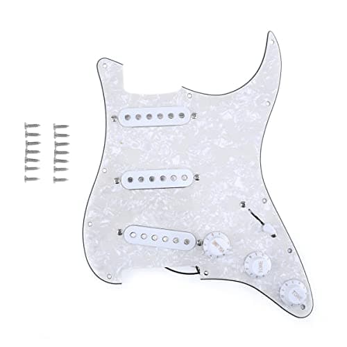 Musiclily 11-Hole SSS Prewired Loaded Pickguard with Single Coil Pickups Set for Fender Squier Strat Electric Guitar, 4Ply Aged White Pearl
