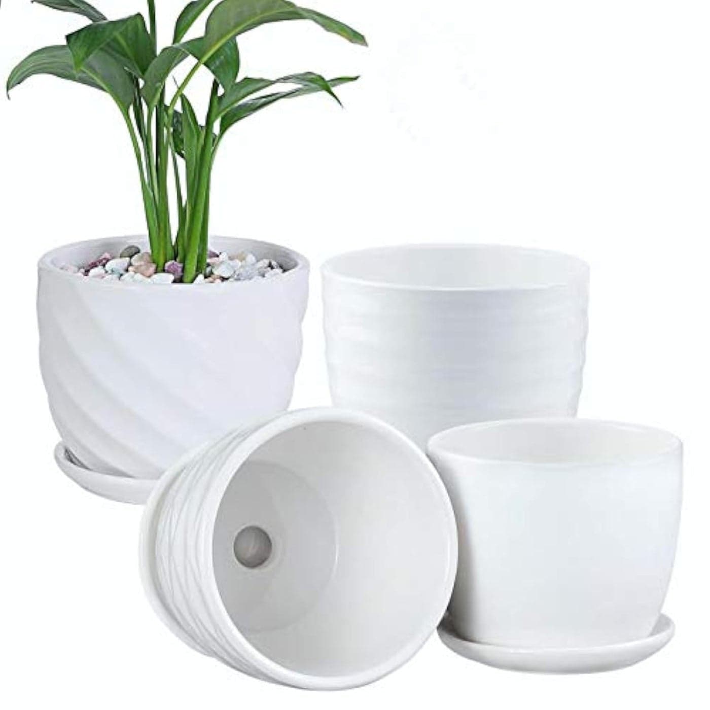sietpoek Plant Pots 47 Inch Cylinder Ceramic Planters with Connected Saucer Pots for Succuelnt and Little Snake Plants Set of 4 White