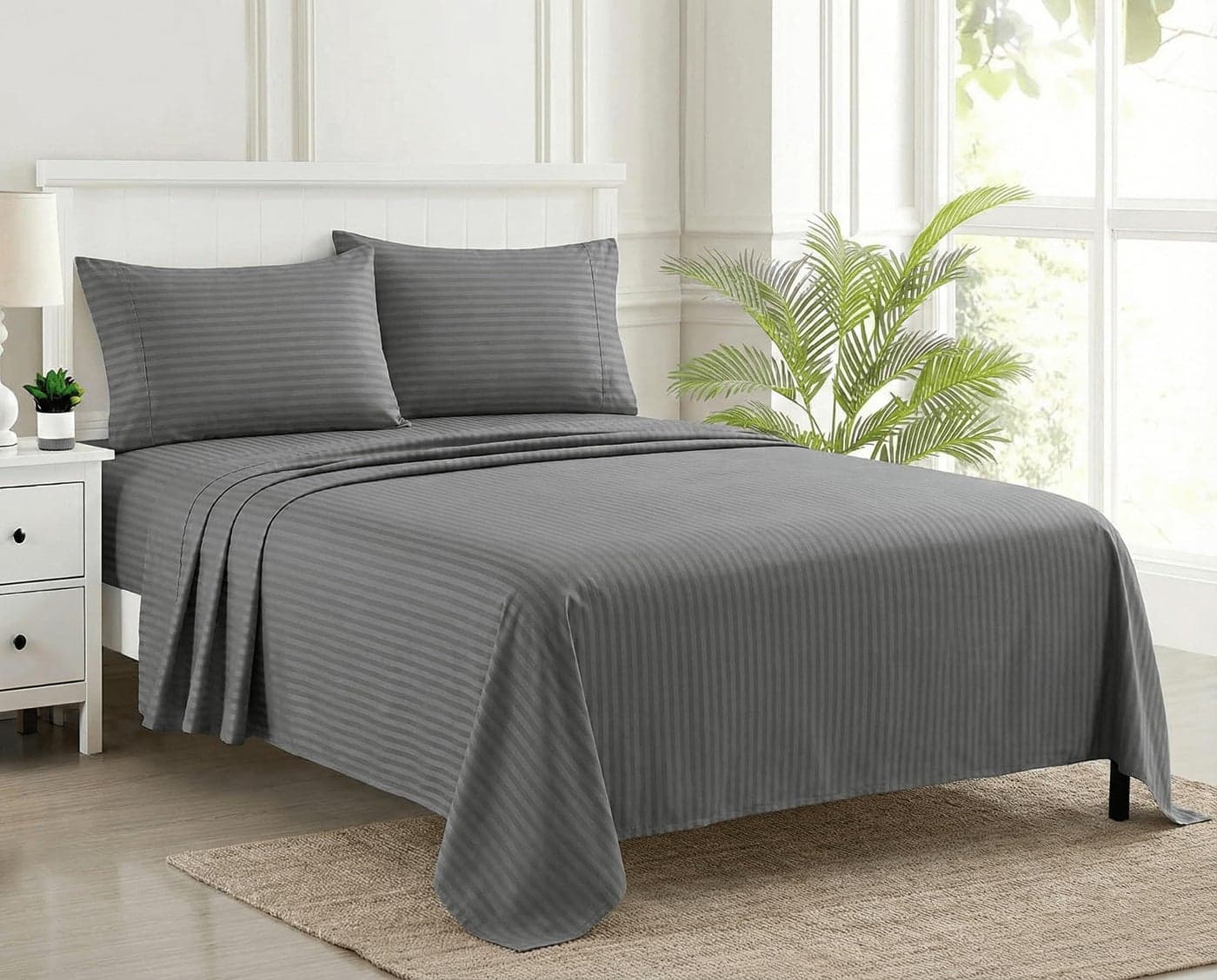 Trance Home Linen 100% Cotton 200 TC Satin Stripe King Size Bedsheet with 2 Pillow Covers | Fade-Resistant, Soft & Hypoallergenic |Flat Bedspread for King Size Mattress - (108 x 108 inch, Dark Grey)