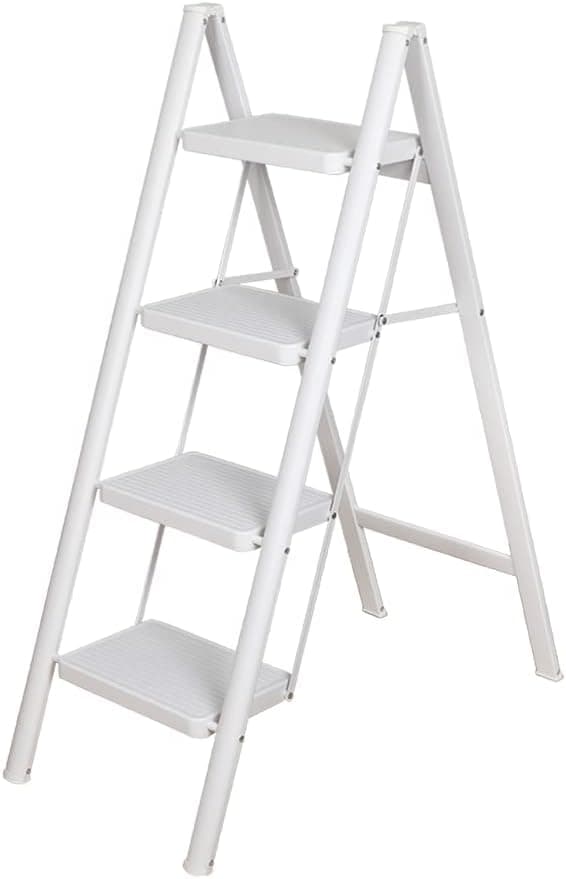 MUGATH 4 Steps Premium Folding Step Stool with Wide AntiSlip Pedal Portable Lightweight Aluminum Step Ladder for Home and Office Use White