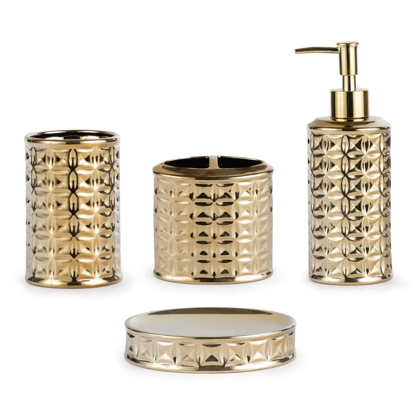 Gold Bathroom Accessory Set 4Piece Ceramic Bathroom Decorations Accessories Sets Includes Lotion Dispenser Toothbrush Holder Tumbler and Soap Dish