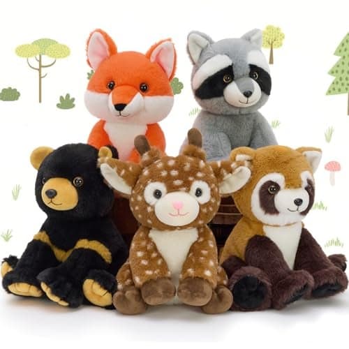 MaoGoLan 5 Pcs Woodland Animals Plushies Bulk Stuffed Woodland Toys Baby Shower Decorations 8 Grizzly Bear Deer Fox Raccoon Red Panda Forest Party Favors Easter Valentines Gifts for Girls