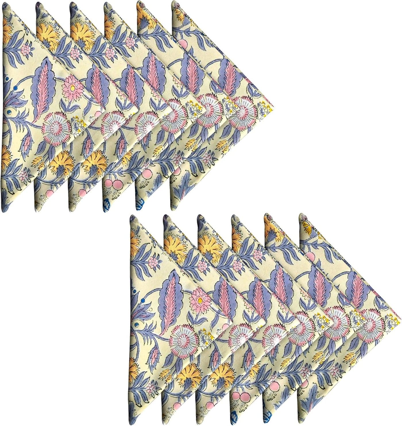 AVKA Studio Cotton Print Dinner Napkins 18x18 inches Washable Cloth Napkins Set of 12 Everyday Use or Dinner Party and Events Light Yellow Indian Block Printed Fabric
