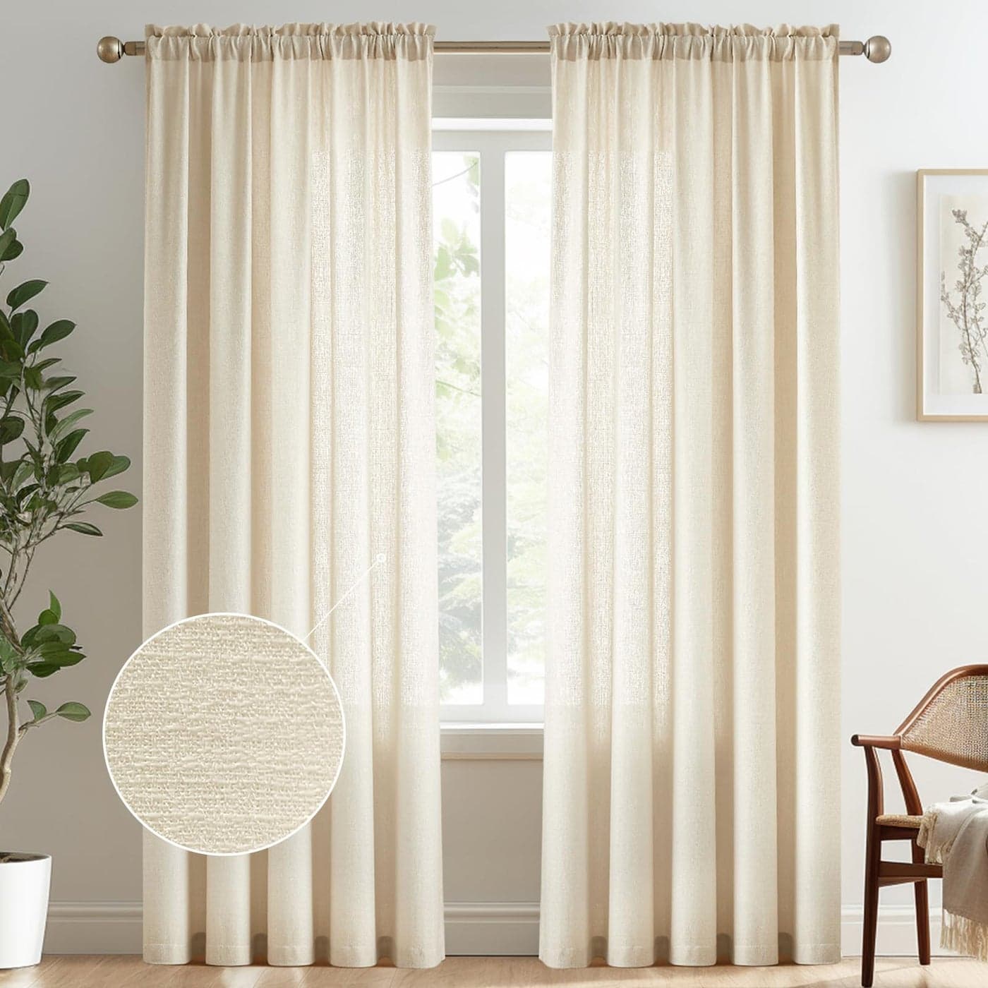 Melodieux Beige Semi Sheer Curtains 96 Inches Long for Living Room Bedroom Faux Linen Texture Farmhouse Rod Pocket Shiny Sheer Curtains Drapes Light Filtering 52 W x 96 L 2 Panels