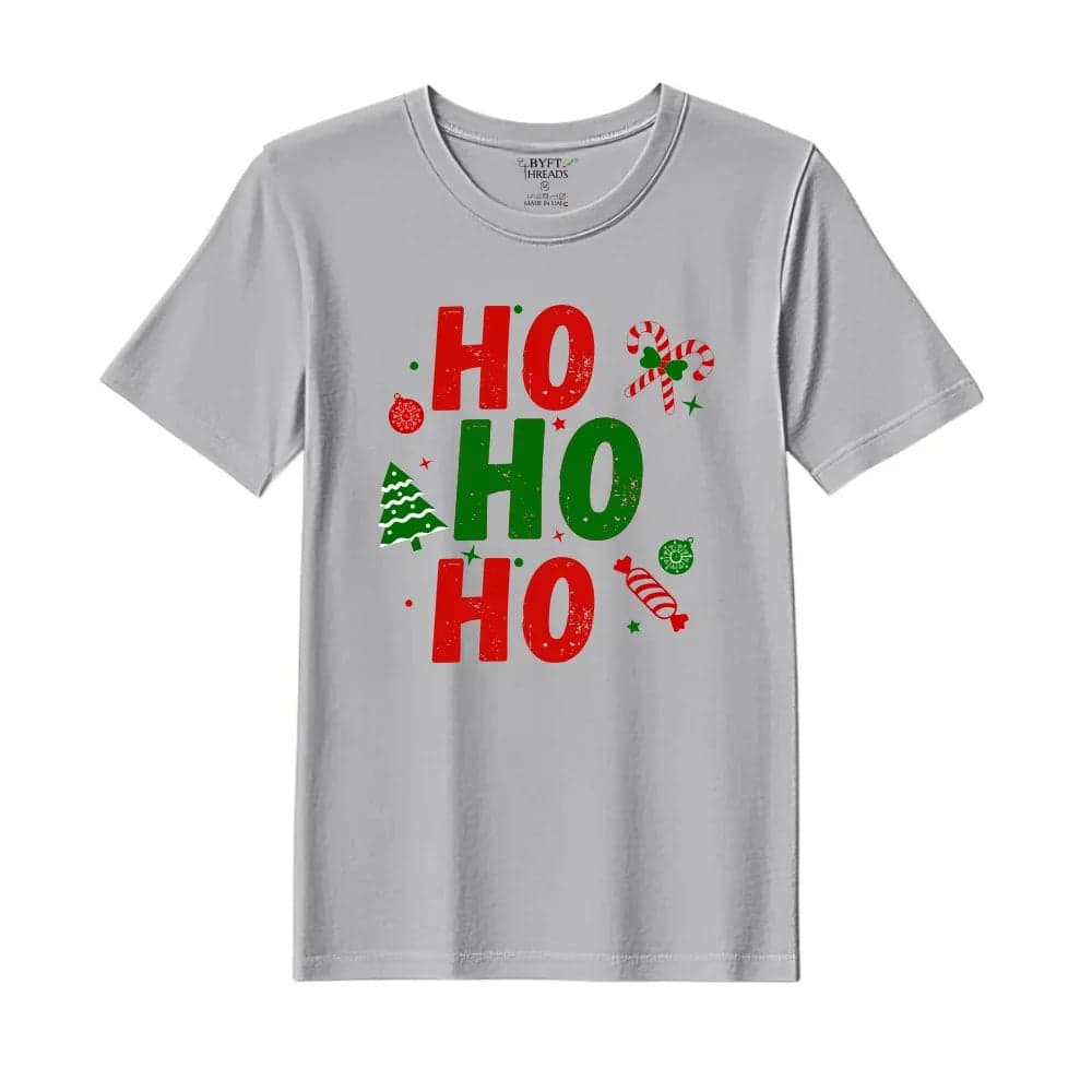 BYFT Threads Large Grey Polycotton T-Shirt - Christmas "Ho Ho Ho toffee" Printed Design, Premium Holiday Collection