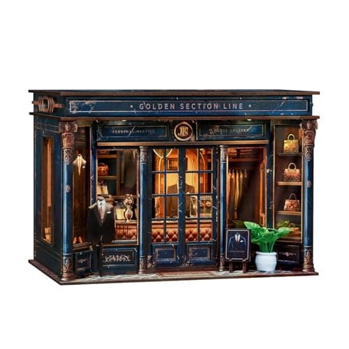DIY Book Nook Kit DIY Miniature Dollhouse Kit 3D Wooden Puzzles Gentlemans Clothing Store Tiny House Bookshelf Decor with LED Gift for Adults Teens Golden Section Line