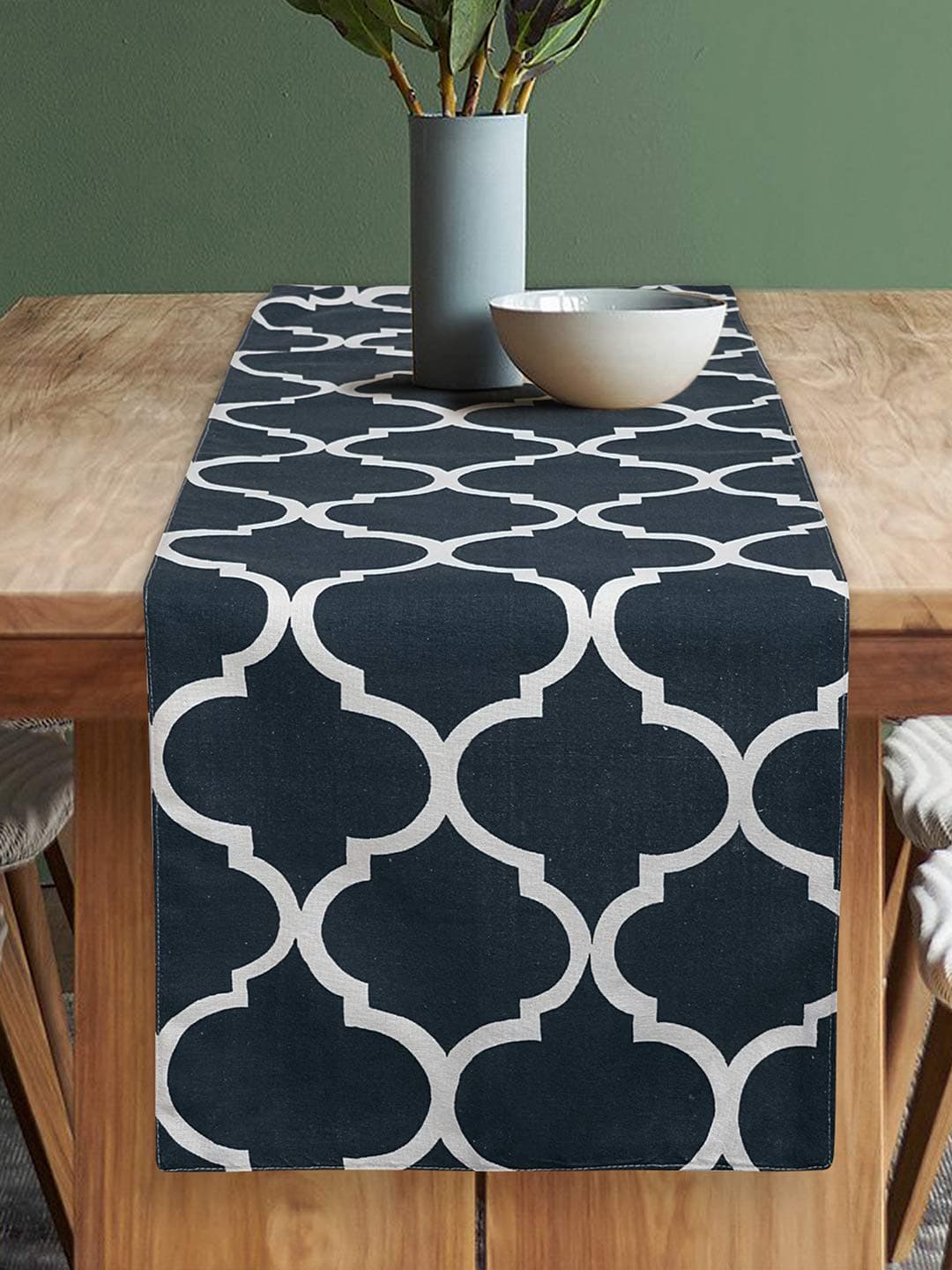 Dekor World Ogee Printed Navy Blue Table Runner (33x240cm) (Pack of 1)-8 Seater Dinning & Center Table