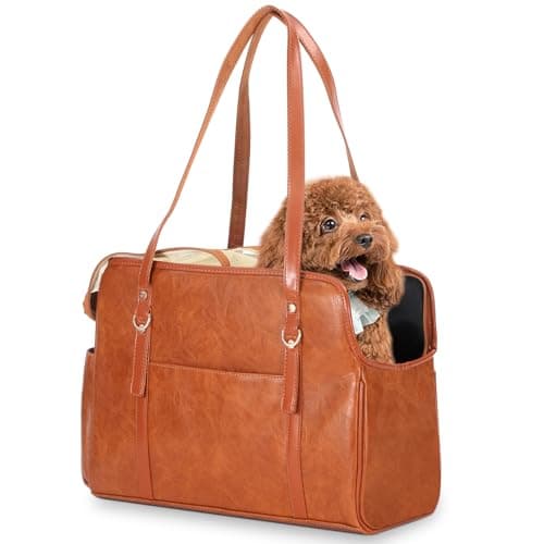 Lasaviin Dog Carrier Purse, Fashion Leather Pet Carrier with Pockets, Airline Approved Soft Sided Dog Carrying Bag for Puppy Cat Dog Brown