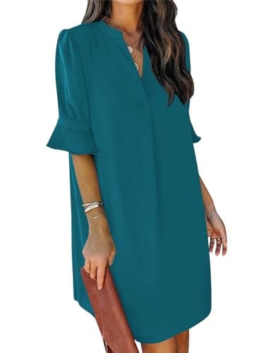 QACOHU Blue Dresses for Women Summer Ruffle Short Sleeve V Neck Solid Color Casual Short Sleeve Mini Dress Navy Blue L