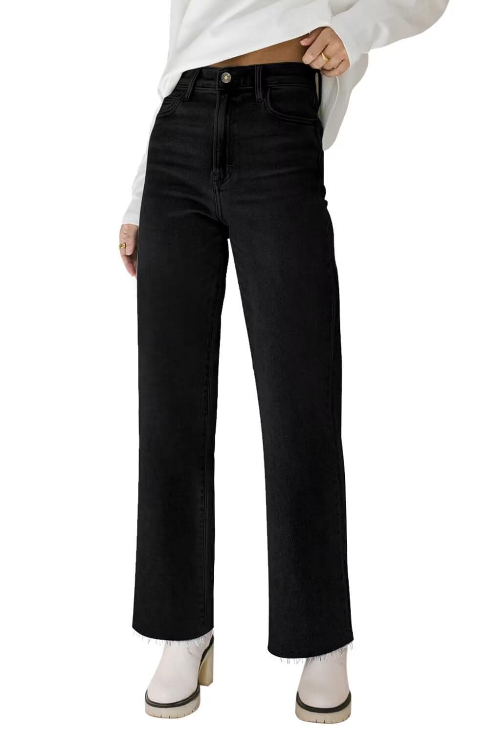 KDF Straight Leg Jeans for Women High Waisted Jeans Frayed Baggy Pants Raw Hem Loose Stretchy Cropped Wide Leg Jeans Black Size 14