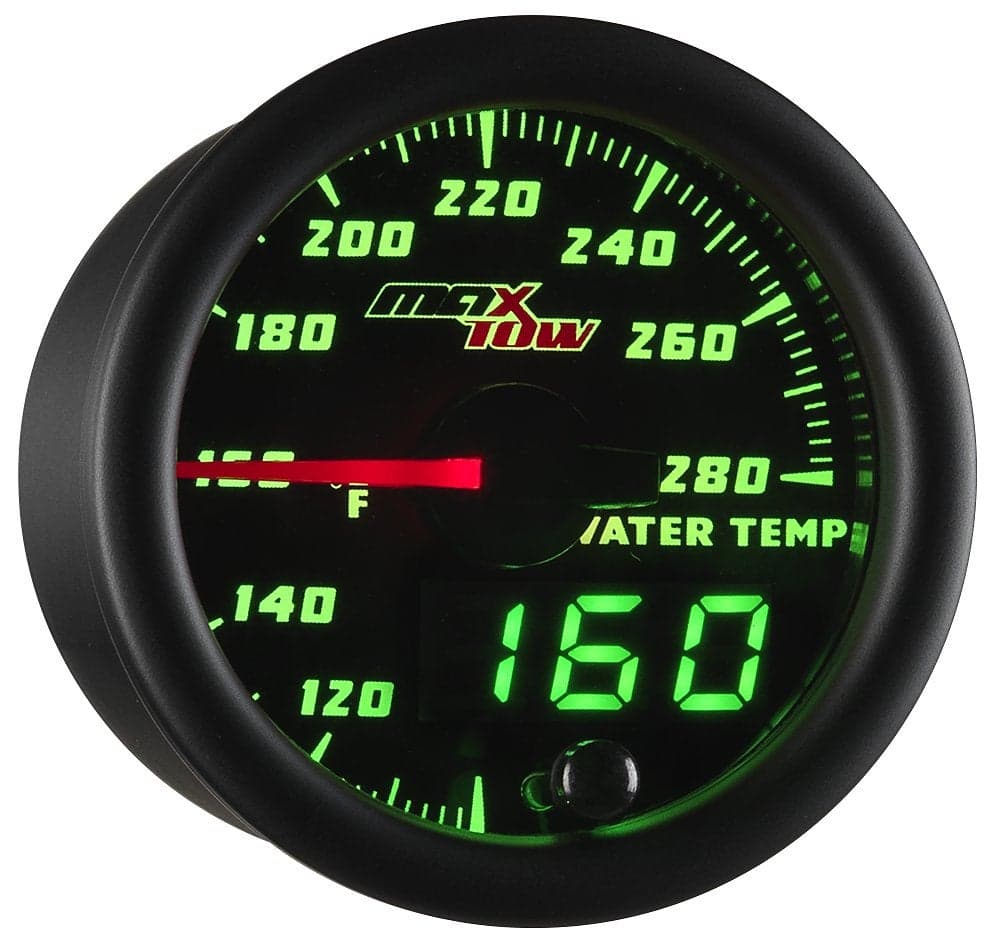 MaxTow Double Vision 280 F Water Coolant Temperature Gauge Kit - Includes Electronic Sensor - Black Gauge Face - Green LED Illuminated Dial - Analog & Digital Readouts - for Trucks - 2-1/16" 52mm