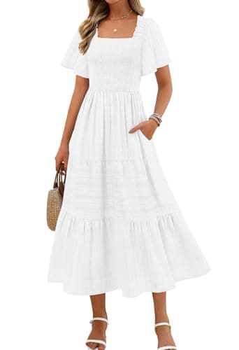 MEROKEETY Women's 2025 Summer Flowy Midi Maxi Dress Short Sleeve Square Neck Smocked Tiered Ruffle Boho Dresses with Pockets, White, Large