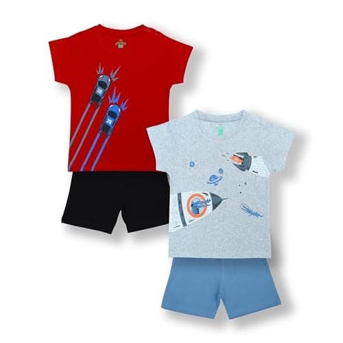 YUV Infant Boys & Girls Multi-Color Pack of 2 100% Soft Cotton Printed Tshirts & Shorts with Shoulder Poppers