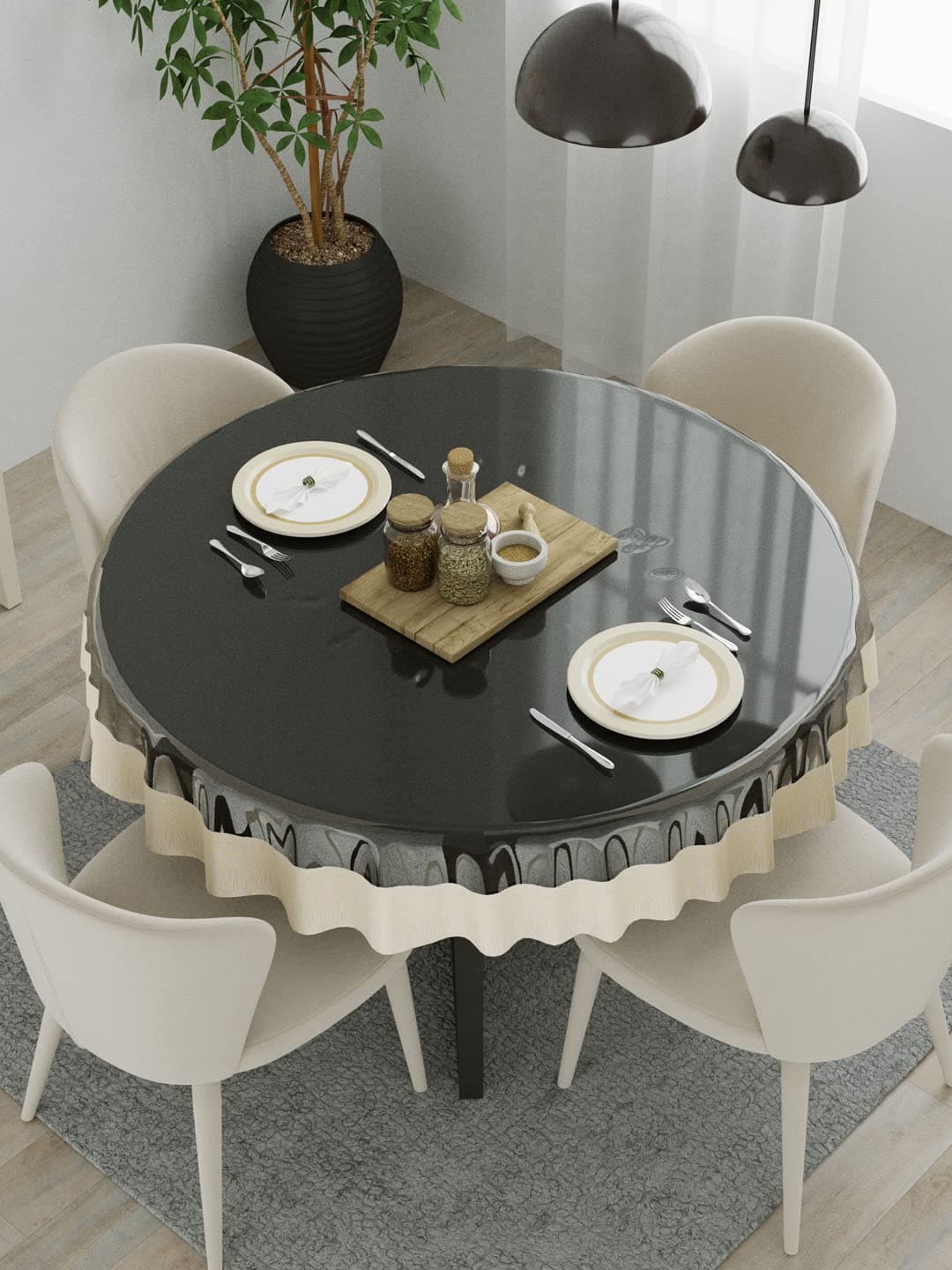 Clasiko 4 Seater Dining Table Cover; 60x60 Inches; Material - PVC; Shape - Round; Pack of 1; Anti Slip; Cream Lace