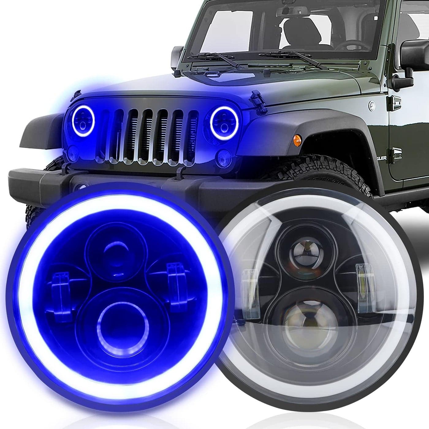 KASLIGHT 7 Inch LED Headlights with Blue Halo and Amber Turn Signal Lights - H6024 Compatible with Jeep Wrangler and Hummer Models (Pair)