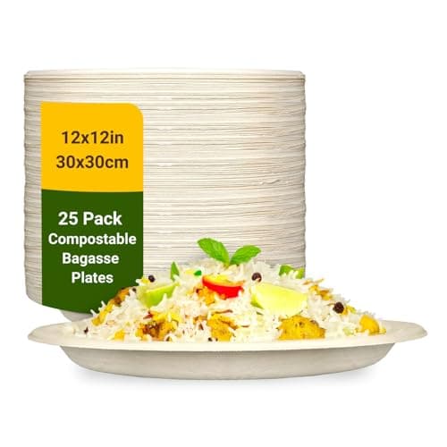 12 inch, 50 Pack Round Disposable Bagasse Plates | Eco-Friendly, Made of Sugarcane Bagasse | Serving Fullmeal & Dinner | Birthday, Wedding & Party | White Colour (25)