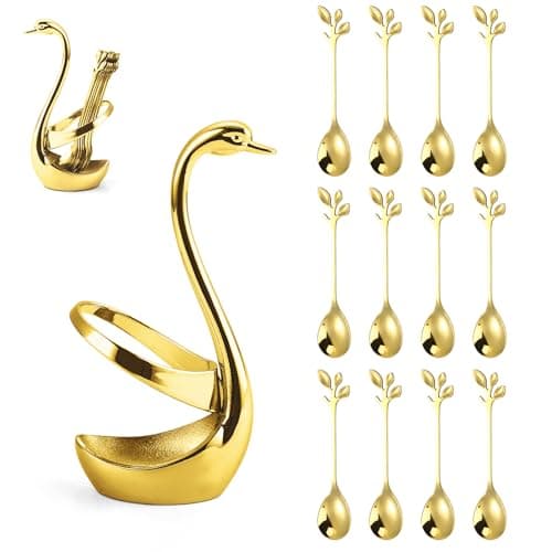 Stainless Steel Gold Creative Dinnerware Set OIULO - Decorative Swan Base Holder with 12 Leaf Spoons for Coffee, Fruit,Dessert,Stirring, Mixing, Sugar, Stir, Ice Cream, Cake, Teaspoon (Gold)