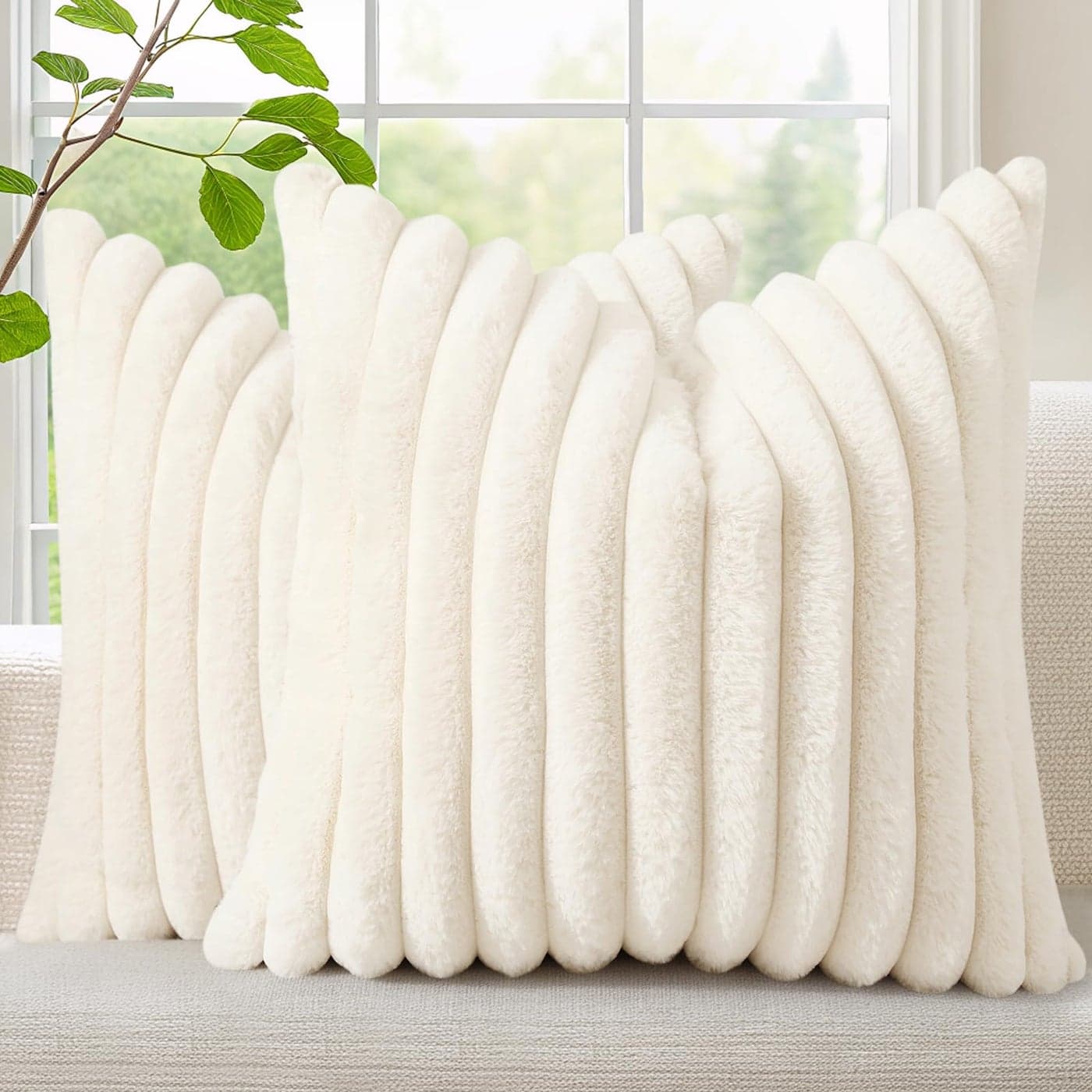 decorUhome Faux Fur Fall Throw Pillow Covers 18x18 Set of 2 Decorative Soft Plush Striped Neutral Couch Pillow Covers with Velvet Back for Sofa Bed Living Room Home Decor Cream White