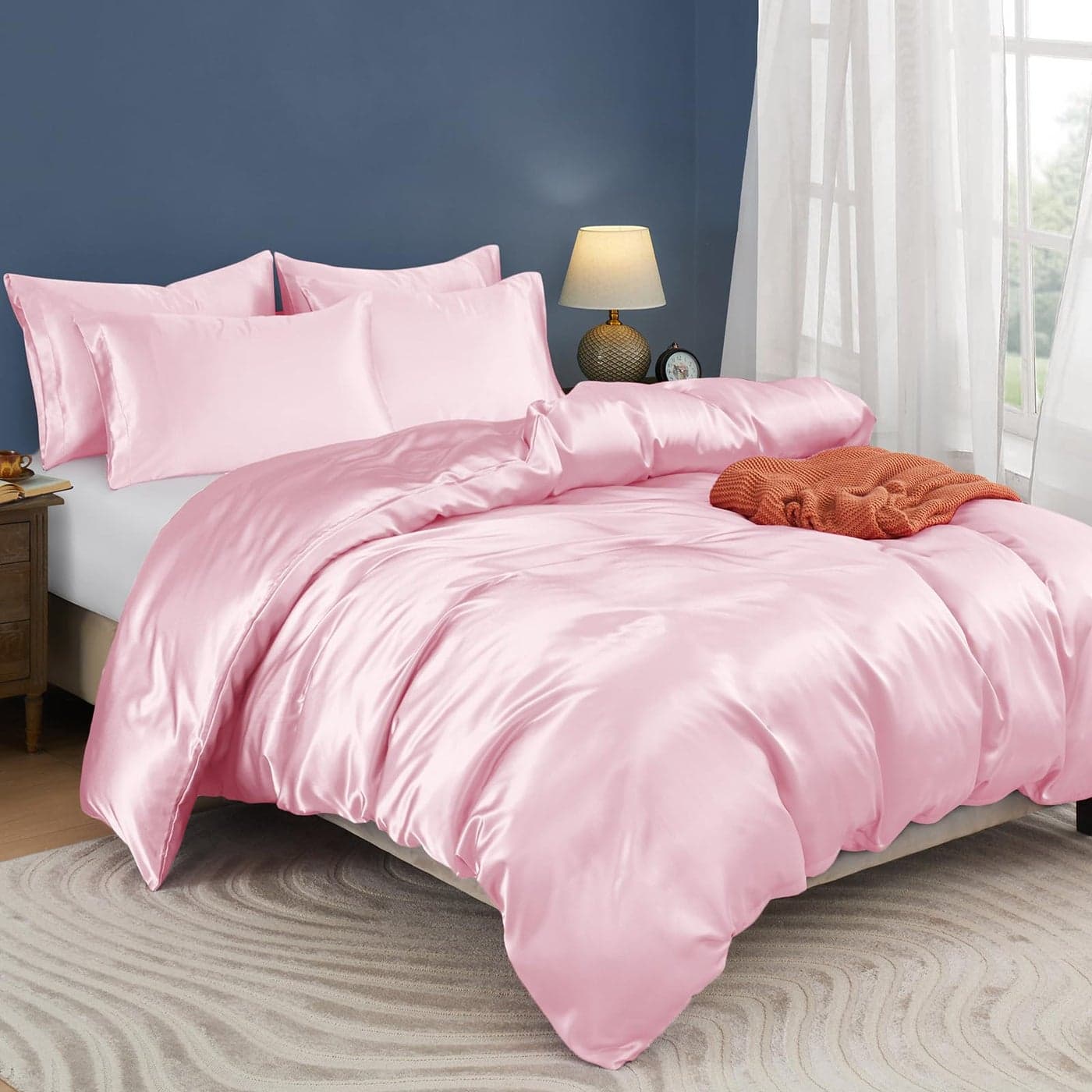 Horbaunal 5 Pieces Satin Duvet Cover Set QueenFull Size Blush Pink Duvet Cover with Corner Ties Zipper Closure Luxury Silky Bedding Set 1 Duvet Cover and 4 Pillowcases No Comforter