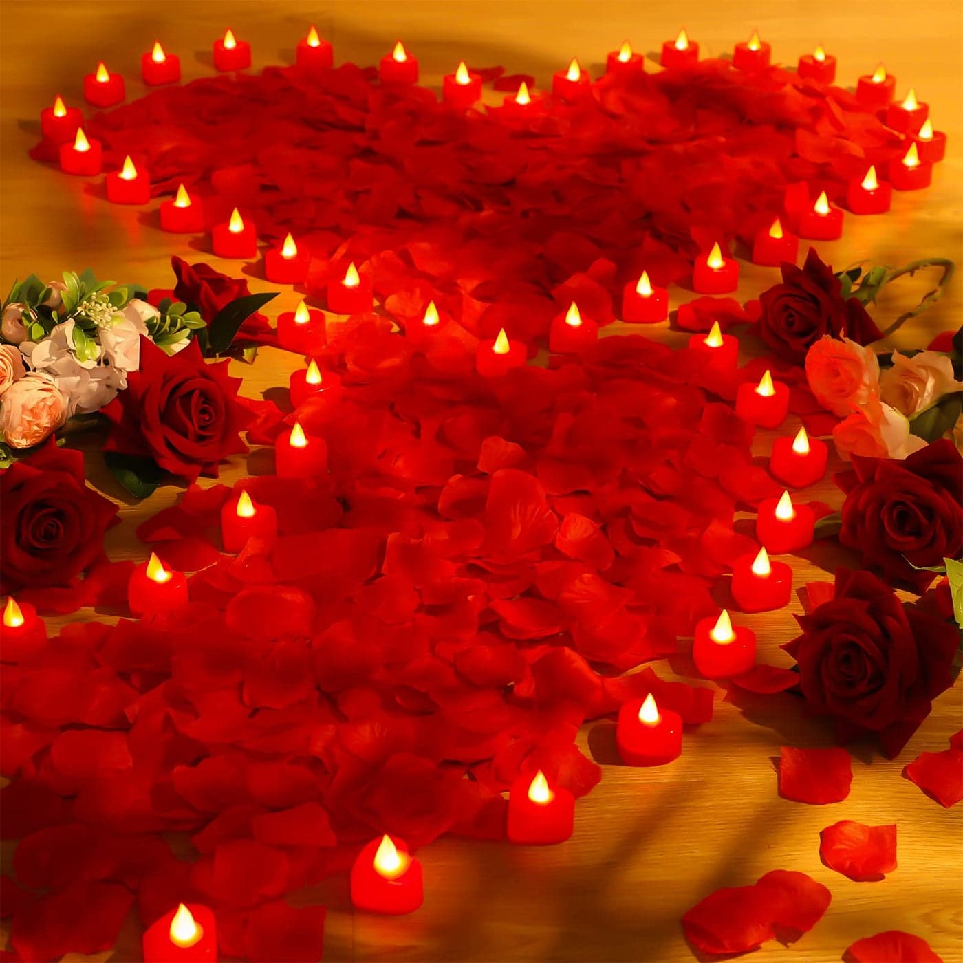 Coume 6000 Pieces Artificial Rose Petal with 72 Pieces LED Tea Lights Candle Romantic Sweetest Day Decorations Rose Petal Heart Candle for Special Night Proposal Wedding AnniversaryRed Light