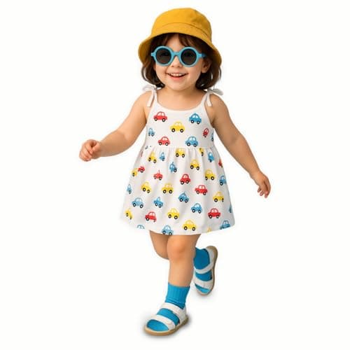 Kidbea® 100% Organic Cotton Newborn Baby Girls Sleeveless Dress | Casual Muslin Frock Infant - Red Car Print (3-6 Months)