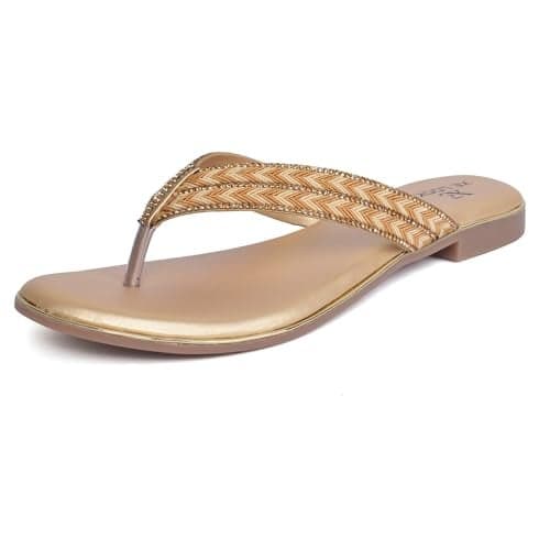XE Looks Women's Gold Beaded Flat Slippers | Trendy & Elegant Toe Ring Design | Comfortable & Durable