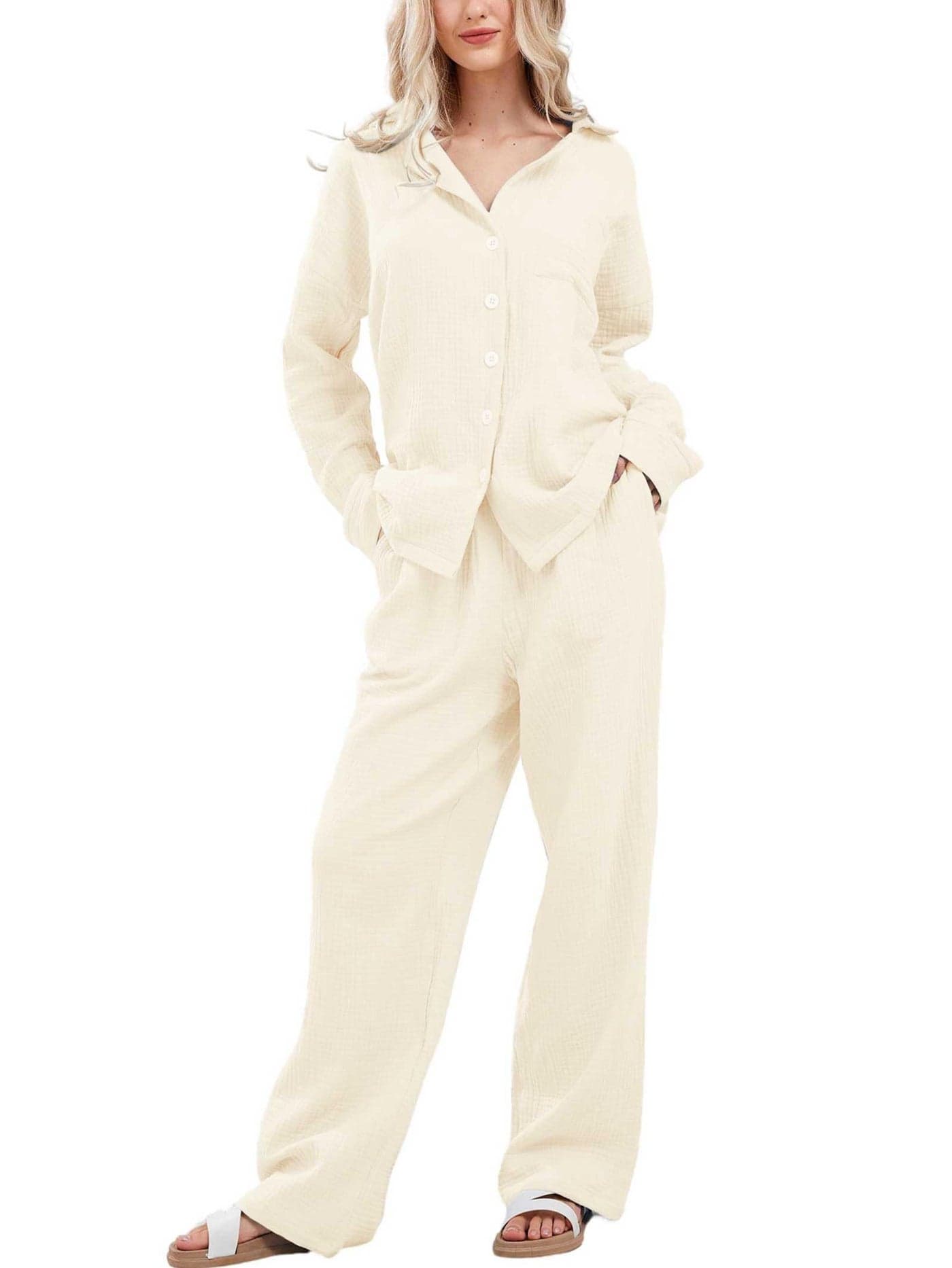 codcm Womens Pajama Sets Cotton Pj Set Cute Heart Print Long Sleeve Button Shirt With Pants(Apricot Solid,XX-Large)
