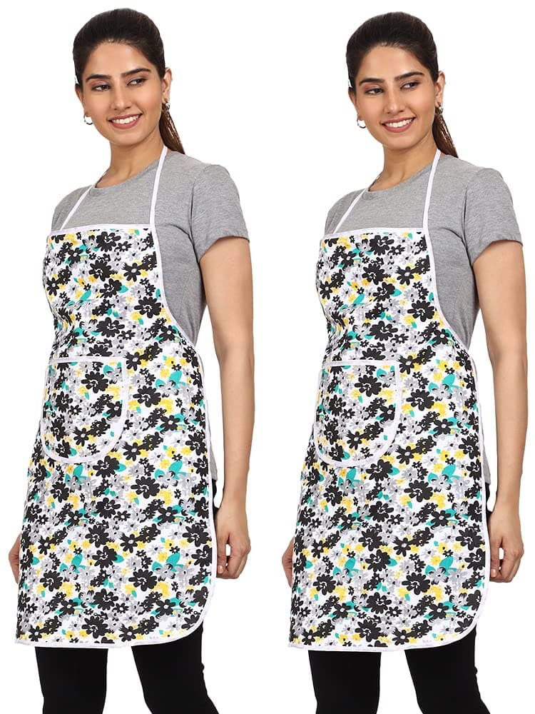 JMi Floral Print Cotton Fabric Waterproof Apron with Long Ties and Multipurpose Front Large Pocket For Cooking Dusting Home Kitchen Restaurant for Men & Women Unisex Apron. (Free Size, BLACK, 2)