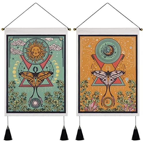 Pack of 2 Sun and Moon Tapestries - Moth Tapestry Orange and Green Flower Vine Wall Hanging (13.8 x 19.7 inches)