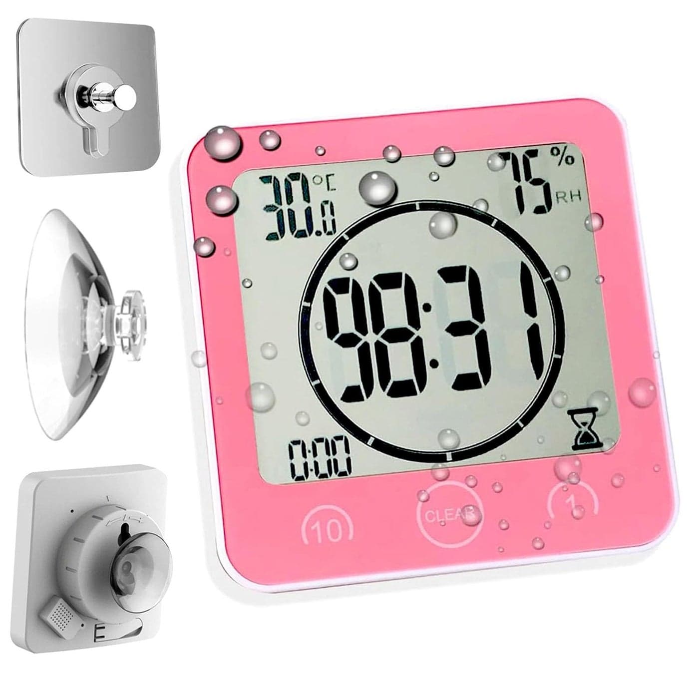 Waterproof Bathroom Wall Clock and Timer Digital Water Resistant Hanging Timer for Shower Large Display Kitchen Cooking Countdown Timers Mirror Suction Clock with Temperature Humidity Meter Pink