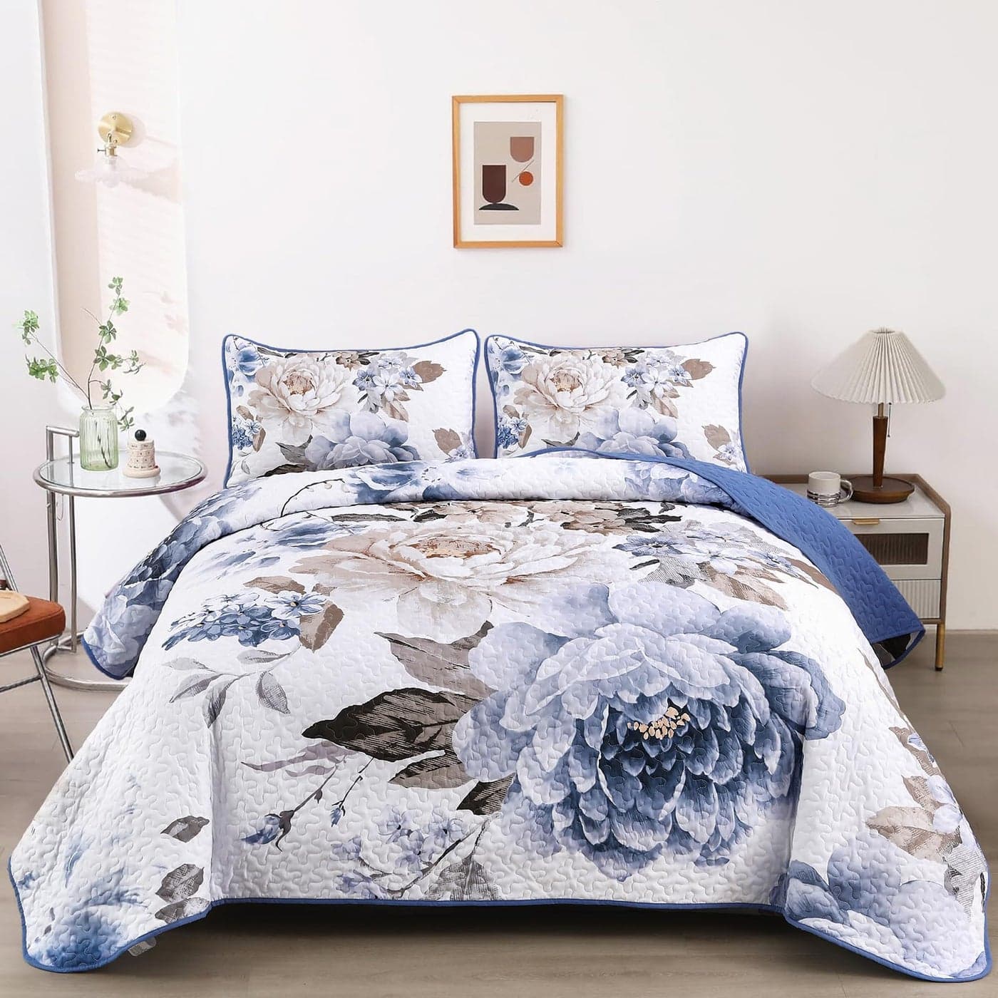 WONGS BEDDING Floral Quilt Set 3 Pieces Blue Quilted Printed Bedspreads Bedding Set for All Season Lightweight Reversible Botanical Coverlet Set with 2 Pillow Shams King Size