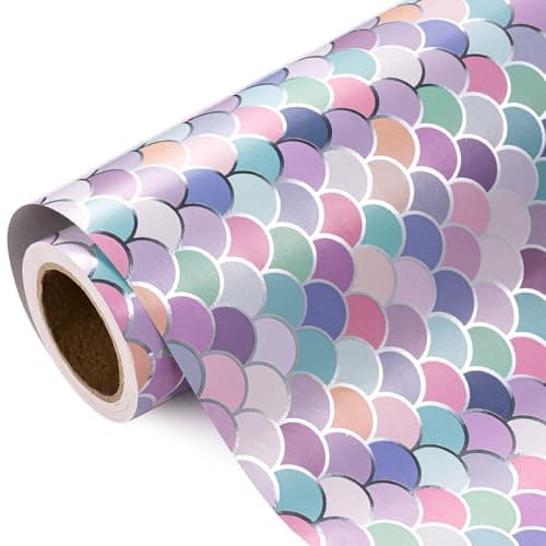 WRAPAHOLIC Mermaid Wrapping Paper Roll Mini Roll 17 Inch x 98 Feet Colorful Mermaid Scale Wrapping Paper with Silver Foil Design for Birthday Girls Baby Shower Kids Birthday