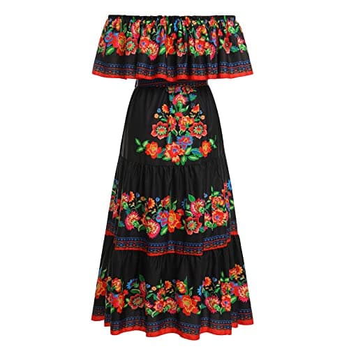 Mexican Dress for Women: Traditional Fiesta Outfit Cinco De Mayo Bohemian Floral Print Boho Summer Dresses for Women 2023 Beach Gown Mexico Clothes Maxi Party Black XX-Large