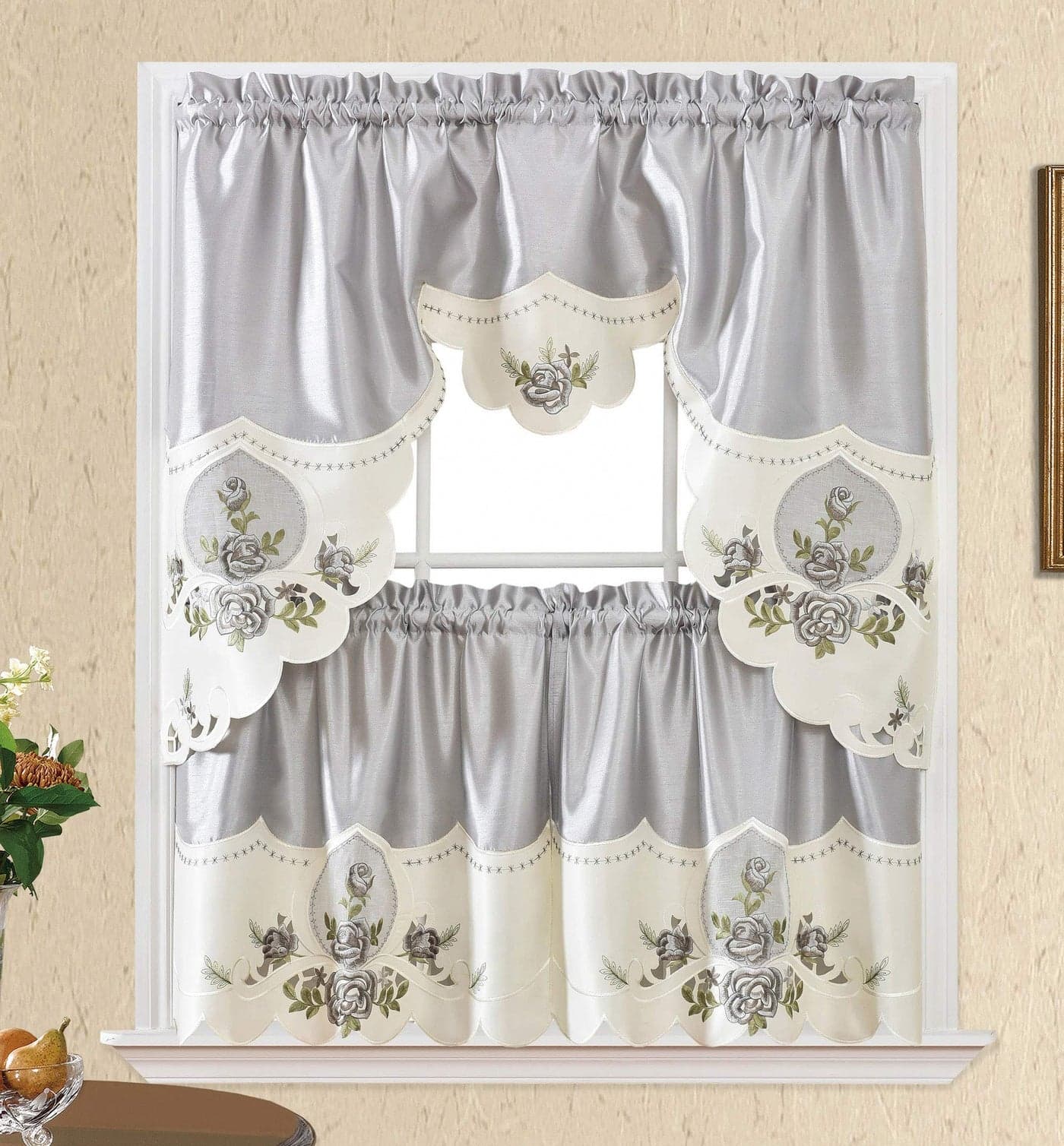 GOHD Rose Melody 3pcs Kitchen Cafe Curtain SetFarmhouse Swag and 24 inches Tiers Set for Small Windows Nice Matching Color Rose Embroidery on Border and Inserted Organza Silver Grey