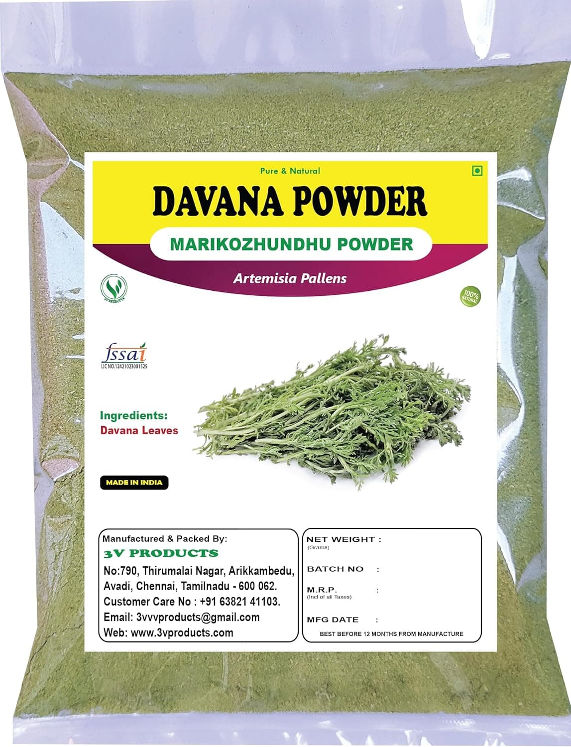 3V PRODUCTS Davana Powder 200g Marikozhundhu Davanam Artemisia Pallens Pack of 2x100g