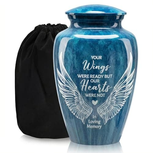 Handcrafted Urn for Human Ashes, Large Decorative Cremation Urns, Memorial Funeral Urn for Men & Women Adults with Angel Wings Finish, Metal Alloy 10" H x 6" W