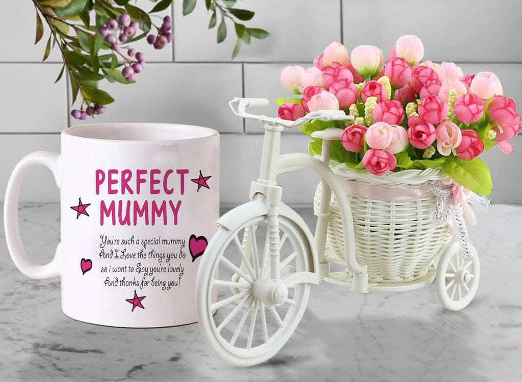 TIED RIBBONS Cycle vase with Artificial Flowers and Coffee Mug (325 ml)- Mothers Day Gift for Mom Mother in Law from Son Daughter