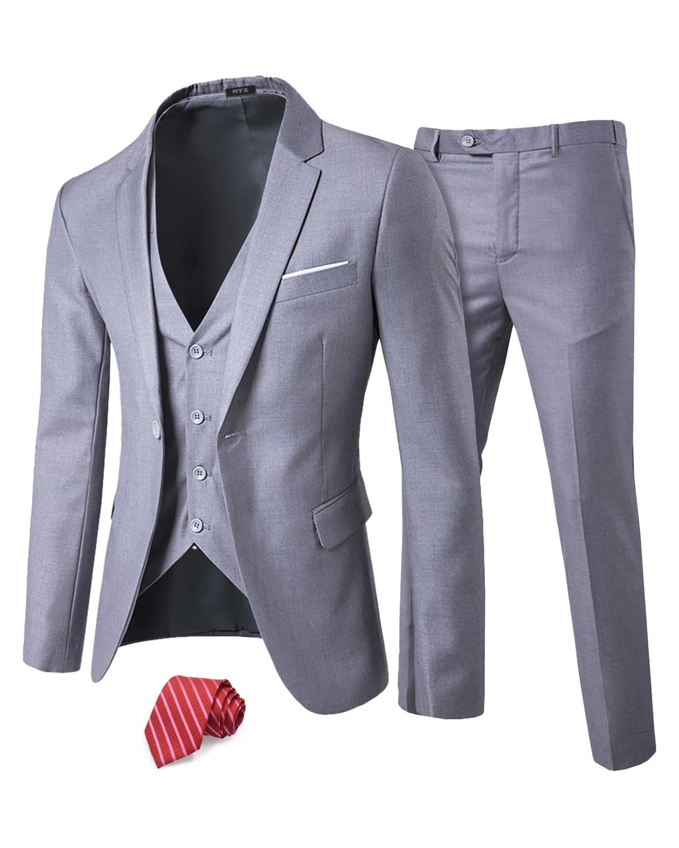 MYS Mens 3 Piece Slim Fit Suit Set One Button Solid Jacket Vest Pants with Tie Light Grey