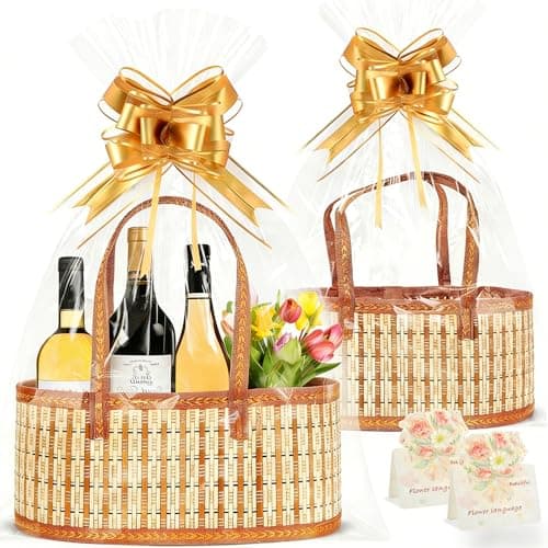 BOARDFEB Premium Woven Gift Baskets Set, 2 Pack Woven Storage Baskets with Handles with Golden Bows Gift Bags for Thoughtful Present Wrapping
